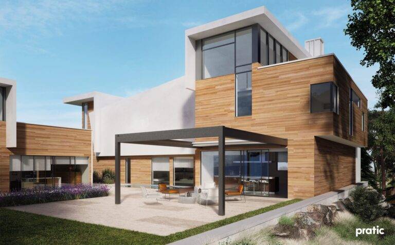 Modernes Haus mit großer Terrasse. Die Terrasse ist mit einem hochwertigen Lamellendach überdacht.