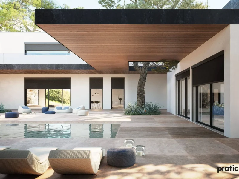 Überdachter Terrassenbereich mit Pool