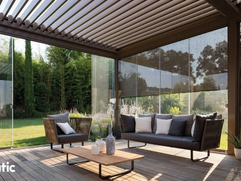 Pratic Opera Lamellendach mit offenen Lamellen und Möbeln