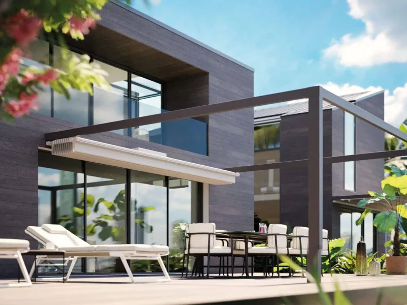 Cabrio Lamellendach, Terrasse mit Liegen, modernes Wohnhaus