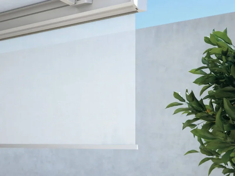 Nahaufnahme einer weißen Markise mit einem Pool, Bäumchen und einer weißen Wand im Hintergrund.